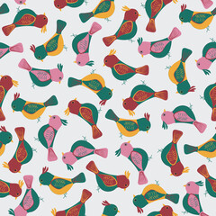 Seamless pattern with colorful birds on gray background