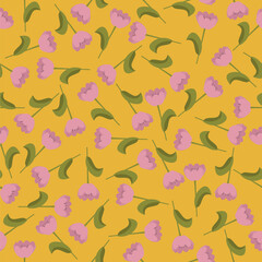 Tulip seamless pattern on yellow, mustard color background