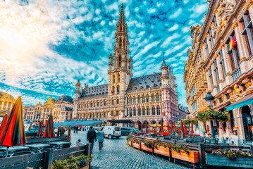 BRUSSELS, BELGIUM - JULY 07, 2016 : City's Town Hall on Grand Place (Grote Markt), the central square of Brussels. It is surrounded by opulent guildhalls and two larger edifices.