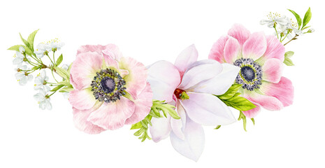 A bouquet of spring delicate flowers of anemones, cherry blossoms and magnolias. Watercolor illustration of beautiful flowers on a white background.