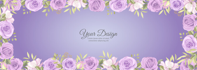 Elegant banner with rose flower and green leaves decoration
