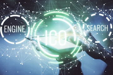Obraz premium Double exposure of blockchain business sketch hologram and woman holding and using a mobile device.