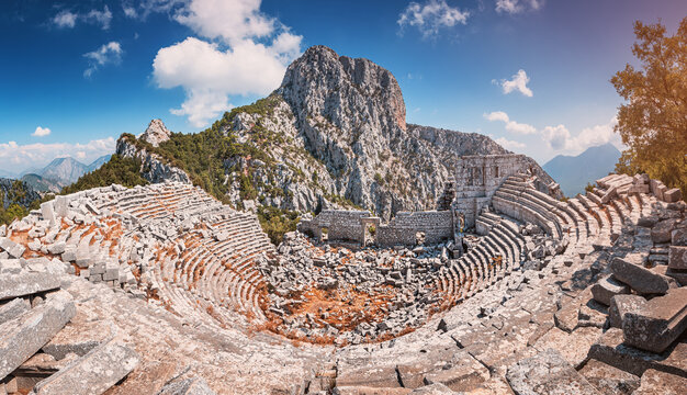 Scenic panorama of ancient amphitheatre in antique city of Termessos is one of the main tourist and archaeological site of Turkey.