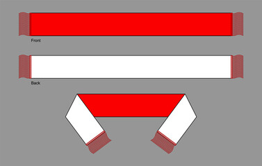 Red-White Soccer Fans Scarf Design Vector on Gray Background..Front and Back View.