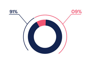91 09 percent pie chart. 9 91 infographics. Circle diagram symbol for business, finance, web design, progress
