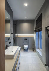 Modern interior in grey tones of bathroom in luxury apartment.