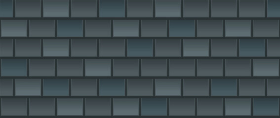 Vector seamless pattern of black roof tile. Dark grey shingles roof texture background. Gray roof tile for house covering. Vector illustration. Asphalt roof shingles.