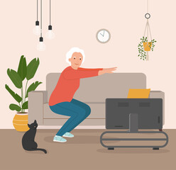 Elderly woman do exercises at home. Living room interior. Stay home. Flat style cartoon vector illustration.