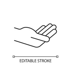 Obraz premium Hand holding something linear icon. Human palm birchily supports the object. Free space. Thin line customizable illustration. Contour symbol. Vector isolated outline drawing. Editable stroke