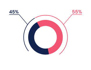 45 55 percent pie chart. 55 45 infographics. Circle diagram symbol for business, finance, web design, progress