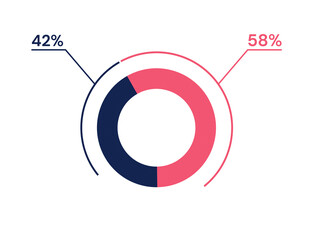42 58 percent pie chart. 58 42 infographics. Circle diagram symbol for business, finance, web design, progress