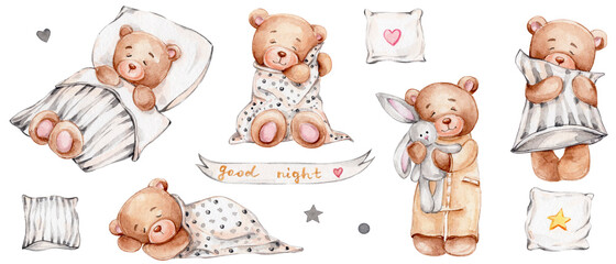 Set of cute teddy bears, pillows and lettering "good night"; watercolor hand drawn illustration; can be used for baby shower or postcards; with white isolated background