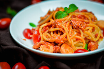 Delicious spaghetti served on  plate