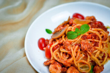 Delicious spaghetti served on  plate