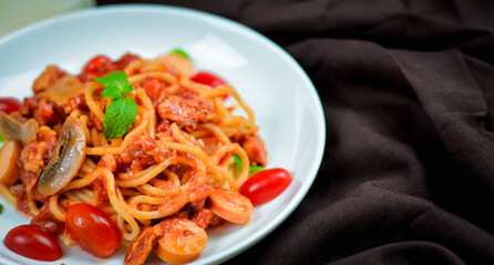 Delicious spaghetti served on  plate