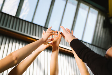 Obraz premium Conceptual image of teamwork and cooperation with a group of people raising their hands and placing them together, Close up view of their hands. Ready for new project