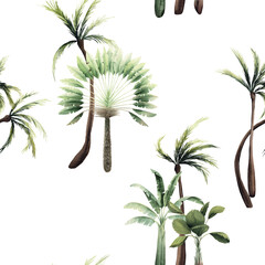 Vintage tropical palm trees. Seamless floral pattern with tropical trees on summer background. Template design for textiles, interior, clothes, wallpaper. Watercolot illustration.  Botanical art