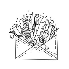 Doodle illustration with wildflowers in an envelope. Flower arrangement, template for design.