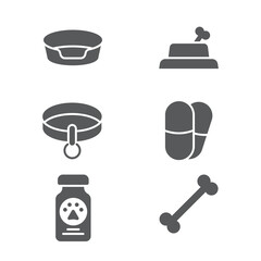 Dog and pills, Pet bed, Dog medicine bottle and pills and Collar with name tag icon set