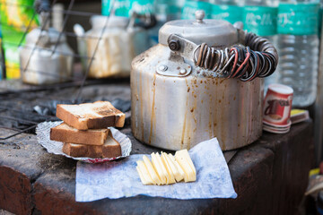 Varanasi / India 25 March 2018 Bread and Butter Toast in street Tea Stall at Varanasi  Uttar Pradesh India