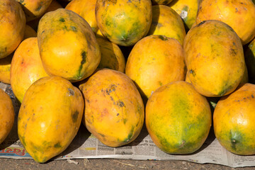 Varanasi / India 25 March 2018 Papaya fruits for sale at Varanasi street market in Uttar Pradesh India