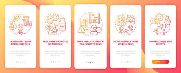 Unregistered pharmacies threats onboarding mobile app page screen with concepts. Contaminated, poisonous pills walkthrough 5 steps graphic instructions. UI vector template with RGB color illustrations