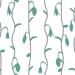 Seamless floral pattern with snow drop flowers on culm. For textile, paper, wrapping paper, packaging. Vector pattern.