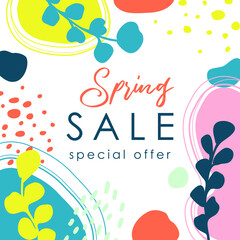 Fototapeta na wymiar Spring. Trendy flowers abstract art template. Suitable for social media posts, mobile apps, banners design. Vector fashion backgrounds. Leaves and plants. Spring holidays. Sale banner