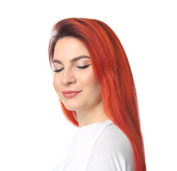 Young woman with bright dyed hair on white background