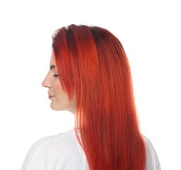 Young woman with bright dyed hair on white background