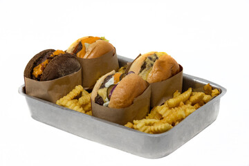 Mix of special hamburgers and fries in the shape of aluminum