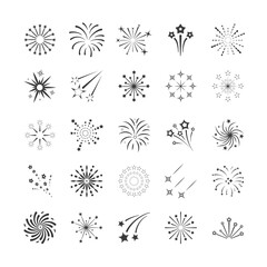 Explosions fireworks contours set. Monochrome flares on white space with salute stars joyful event party festive lights from sparkly rips and geometric bursting tracery. Cool vector illuminated.