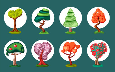 Fantastic geometric bonsai trees set. Cone green spruce with bush red flower hearts for game design miniature apple with fruits and orange oak tree swirling leaves. Vector abstract art.