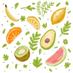 High quality resolution. Fruits on a white background: banana, kiwi, watermelon, orange, lemon, avocado. Drawings for poster, card or background.