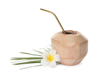 Young peeled coconut with straw, palm leaf and beautiful flower isolated on white