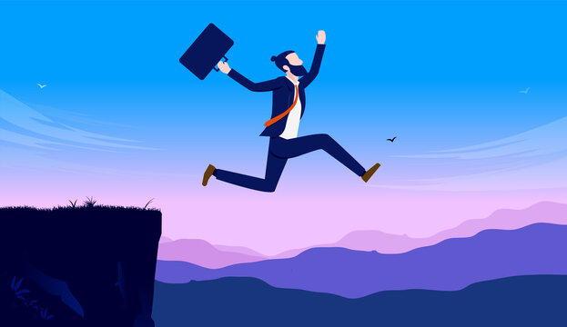 Business leap of faith - Businessman awkwardly jumps off cliff hoping to find business opportunity. Taking chances concept. Vector illustration.