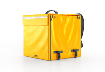 Yellow food delivery bag render. Blank insulated courier thermo bag backpack mockup, copy space for branding. Online food ordering, safe contactless food delivery service in quarantine 3D illustration