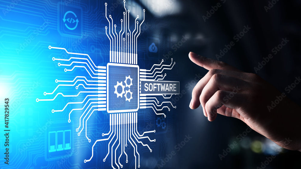 Wall mural software development and business process automation, internet and technology concept on virtual scr