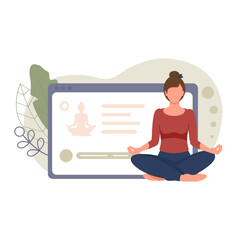 Online yoga and meditation concept  with mobile. Young woman sits in lotus position and meditates against background of smartphone with yoga training site. Online training. Flat vector illustration