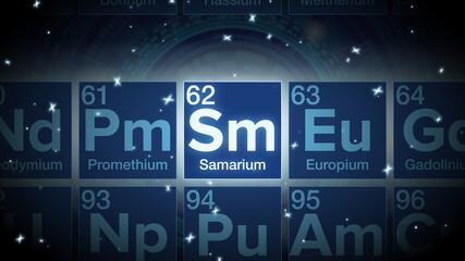 Close up of the Samarium symbol in the periodic table, tech space environment.