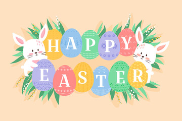 Easter background vector illustration, cute flat cartoon. Baby rabbits with decorated eggs. Bunny holding ornated eggs with Happy Easter heading. White kitten muzzles and eggs among grass