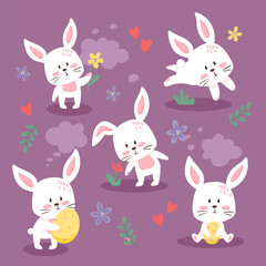 Set of cute Easter bunnies. Lovely little rabbits collection. Vector illustration, cartoon flat style. Small kittens in different poses, holding flowers and eggs, isolated.