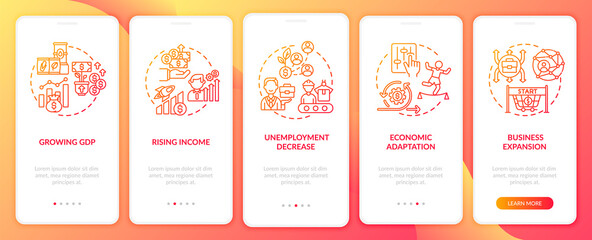 Rising income and spendings onboarding mobile app page screen with concepts. Unemployment decrease walkthrough 5 steps graphic instructions. UI vector template with RGB color illustrations