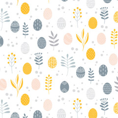 Minimalist scandinavian natural style Easter seamless surface pattern with painted eggs and floral branches, Vector illustration on white background. Nordic folk texture.