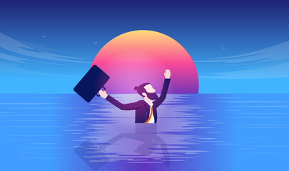 Businessman in need - Desperate man swimming in water with suit and briefcase. Business danger and desperation concept. Vector illustration.