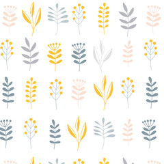 Minimalist scandinavian natural style Easter seamless surface pattern with floral branches, Vector illustration on white background. Nordic folk texture.