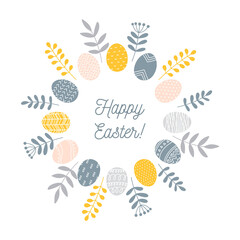 Round Easter wreath with painted eggs and floral branches and leaves, minimalist Scandinavian nordic folk style, vector illustration isolated