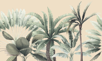 Vintage tropical palm trees. Seamless floral pattern with tropical trees on summer background. Template design for textiles, interior, clothes, wallpaper. Watercolot illustration.  Botanical art © ola-la