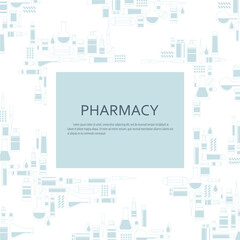 Pharmacy promo poster with medical products on a white background with place for text. Vector illustration