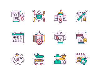 Economic recovery after quarantine RGB color icons set. Restrictions of isolation period. Business support by government and payment of taxes. Pandemic. Isolated vector illustrations